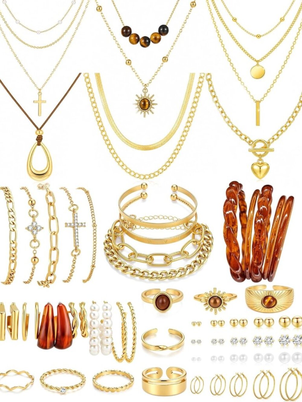 73PCS Boho Silver Jewelry Set for Women - Layered Necklaces, Stackable Rings